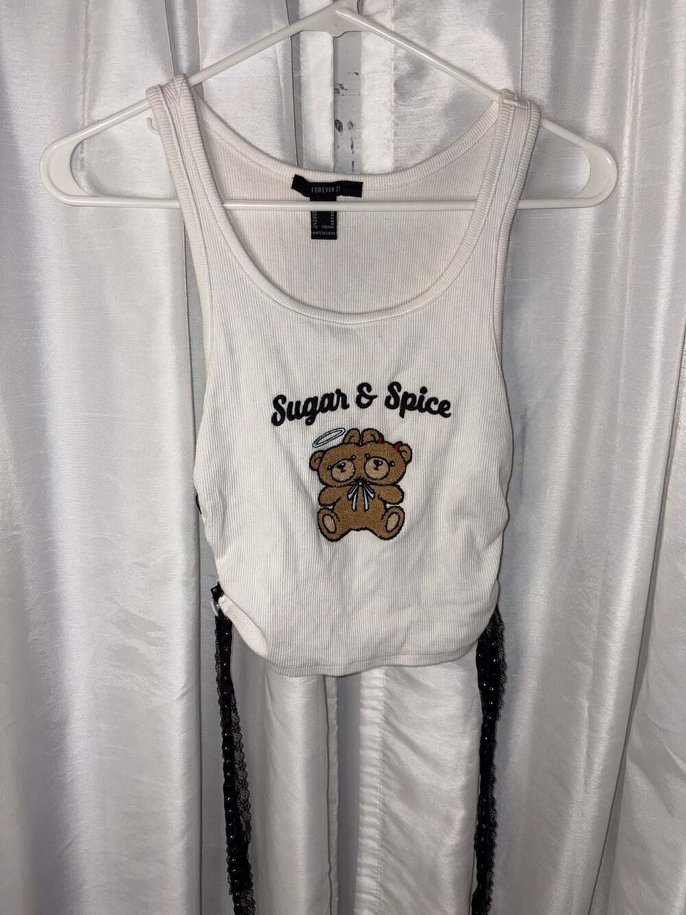 Forever 21 Sugar & Spice Two-Headed Bear Lace-Up Ribbed Tank Top Size M